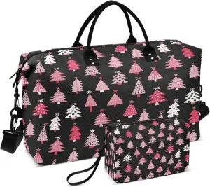 Exnundod Xmas Pink Tree Winter Travel Duffel Bags for Women Christmas Forest Sports Gym Bag Weekender Carry On Tote Overnight Luggage Duffle Bags