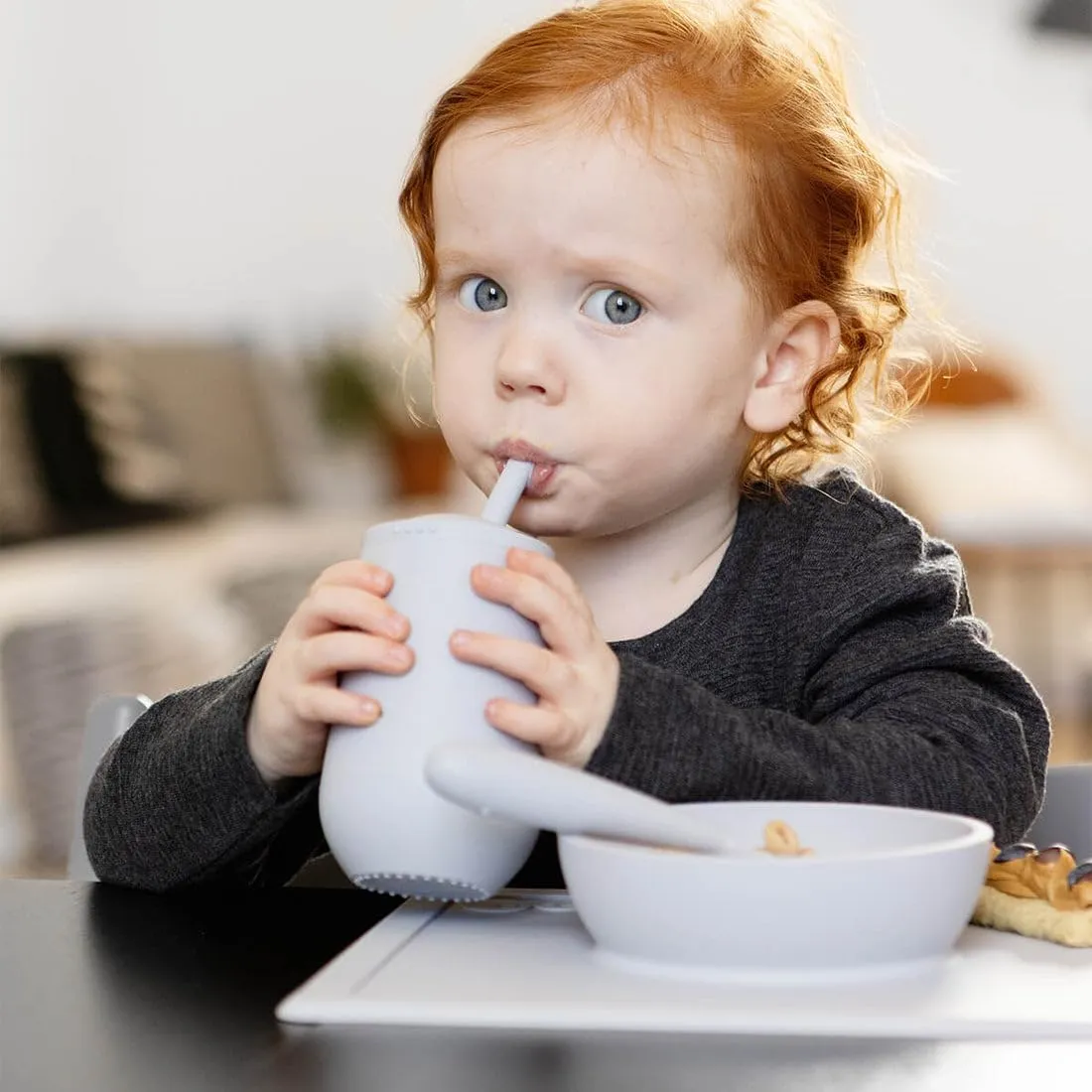 ezpz Happy Cup   Straw System - 24 months  (Pewter) - 100% Silicone Cup   Straw for Older Toddler   Preschoolers