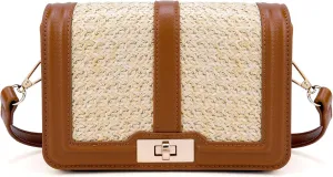 FALETO Straw Crossbody Bags for Women Summer Leather Stitching Straw Flap Bag Handbag Shoulder Clutch Purse