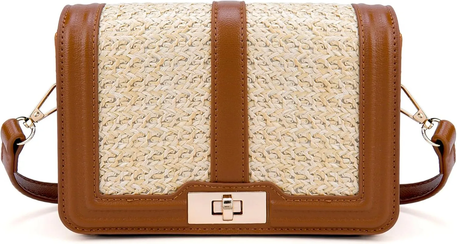 FALETO Straw Crossbody Bags for Women Summer Leather Stitching Straw Flap Bag Handbag Shoulder Clutch Purse
