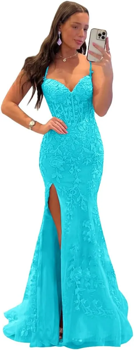 Fanciest Women's Spaghetti Straps Mermaid Prom Dresses 2024 Lace Appliques Long Formal Evening Party Gowns with Slit