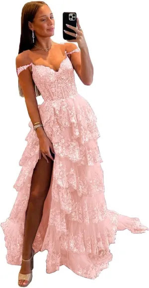Fanciest Women's Sparkly Off Shoulder Lace Appliques Prom Dresses 2025 Long Slit Formal Dress Ball Gown Tiered Evening Gowns