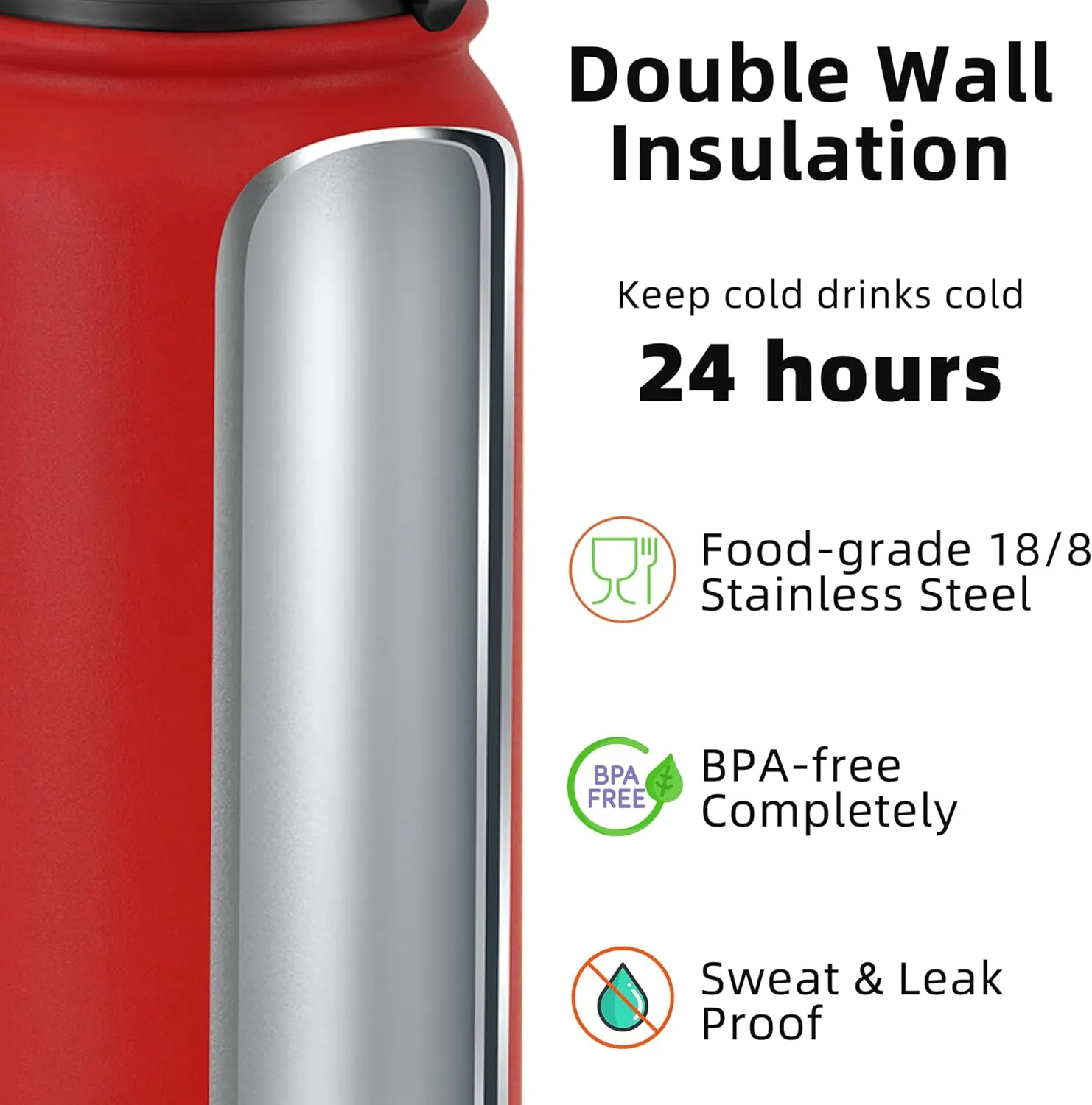 Fanhaw 40 Oz Stainless Steel Insulated Sports Water Bottles with Straw for Kids, Men and Women (Red)
