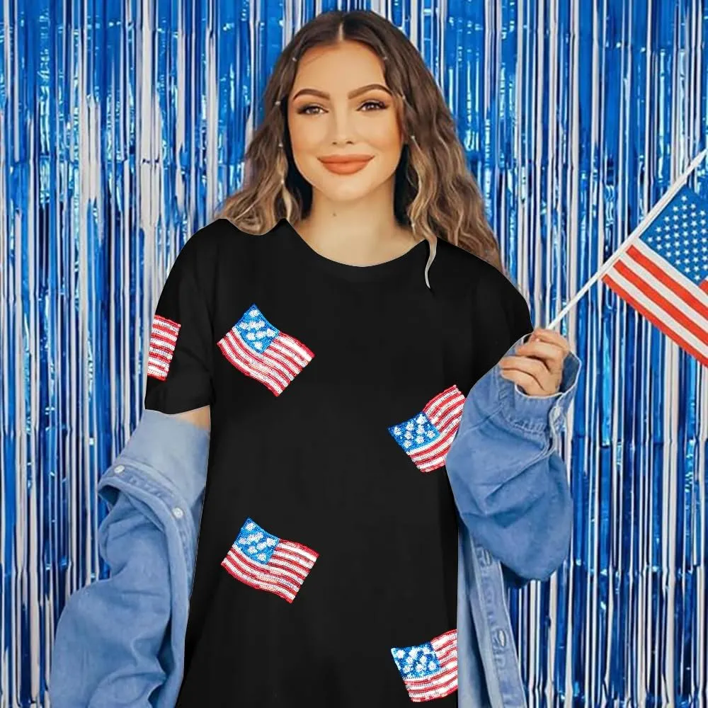 FASHGL American Flag Shirts Women Flag Sequin Oversize T-Shirt 4th of July Tee USA Gift Short Sleeve Tops