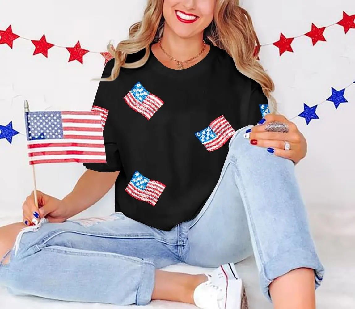 FASHGL American Flag Shirts Women Flag Sequin Oversize T-Shirt 4th of July Tee USA Gift Short Sleeve Tops