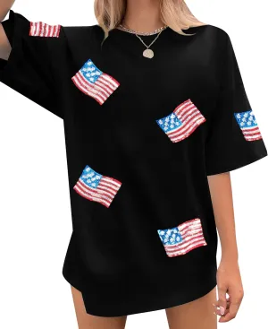 FASHGL American Flag Shirts Women Flag Sequin Oversize T-Shirt 4th of July Tee USA Gift Short Sleeve Tops