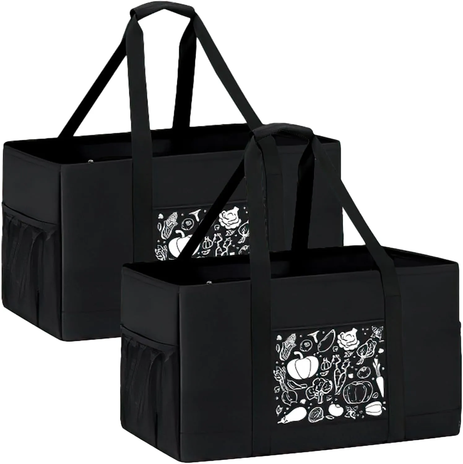Fasmov 2 Pack Extra Large Utility Tote Bag, Foldable Reusable Grocery Bags with Metal Wire Frame, Oxford Fabric Grocery Bags with Handles and Pockets for Grocery Stores, Picnics, Camping, Beaches