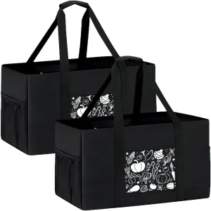 Fasmov 2 Pack Extra Large Utility Tote Bag, Foldable Reusable Grocery Bags with Metal Wire Frame, Oxford Fabric Grocery Bags with Handles and Pockets for Grocery Stores, Picnics, Camping, Beaches