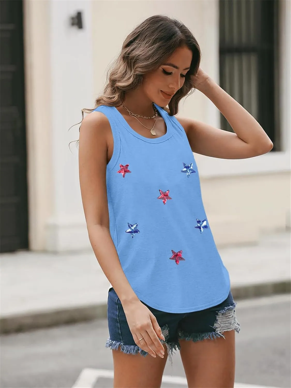 FAYALEQ American Flag Tank Top Women USA Star Sequin Sleeveless Tee Patriotic Shirt 4th of July Summer Vest Tops