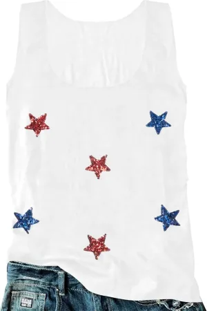 FAYALEQ American Flag Tank Top Women USA Star Sequin Sleeveless Tee Patriotic Shirt 4th of July Summer Vest Tops