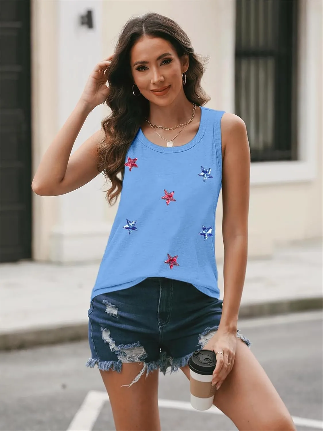 FAYALEQ American Flag Tank Top Women USA Star Sequin Sleeveless Tee Patriotic Shirt 4th of July Summer Vest Tops