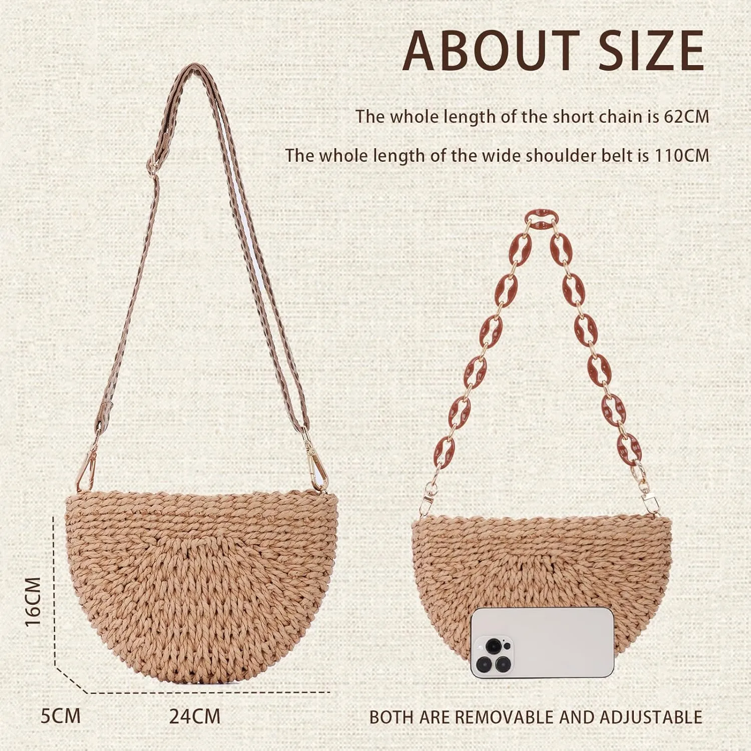 Fecialy Handmade Straw Crossbody Bag for Women Semicircle Woven Handbag Summer Beach Shoulder Bag