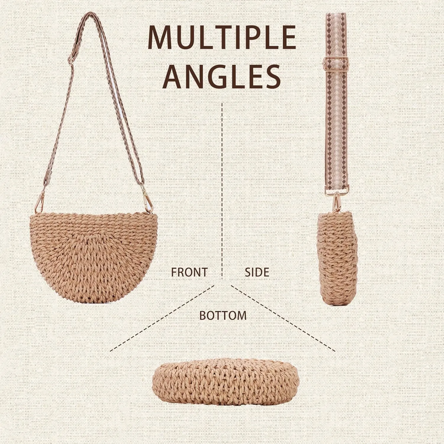Fecialy Handmade Straw Crossbody Bag for Women Semicircle Woven Handbag Summer Beach Shoulder Bag