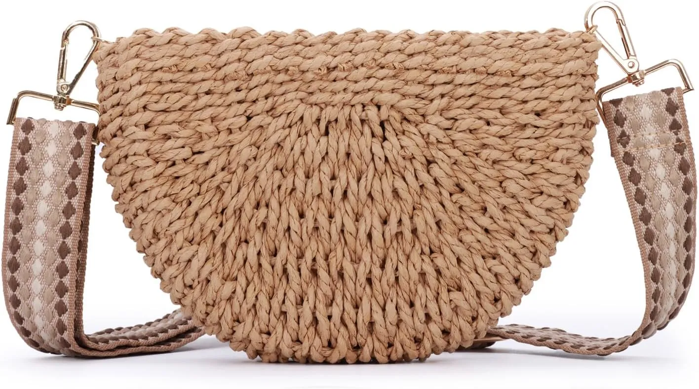 Fecialy Handmade Straw Crossbody Bag for Women Semicircle Woven Handbag Summer Beach Shoulder Bag