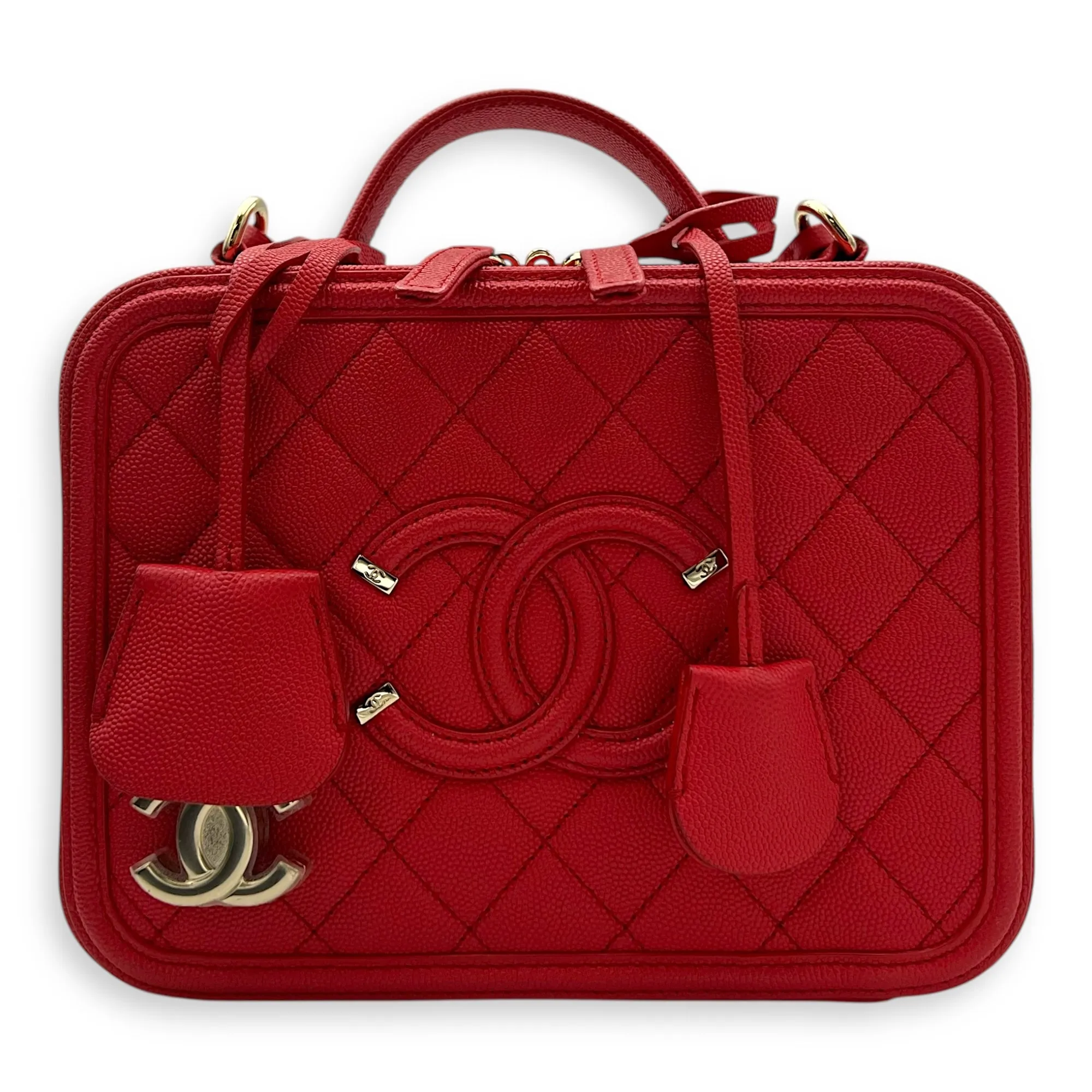 Filigree Vanity Medium Red Crossbody Bag in Caviar Leather, Gold hardware