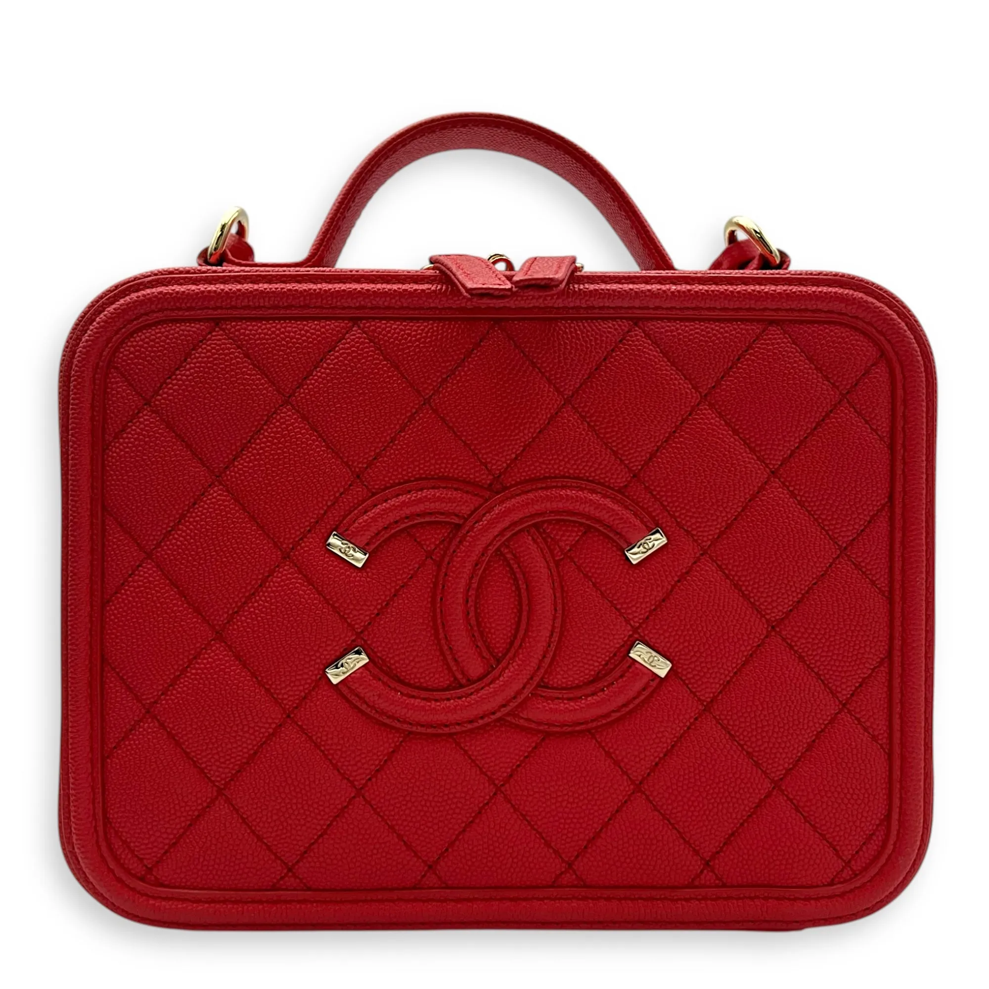 Filigree Vanity Medium Red Crossbody Bag in Caviar Leather, Gold hardware