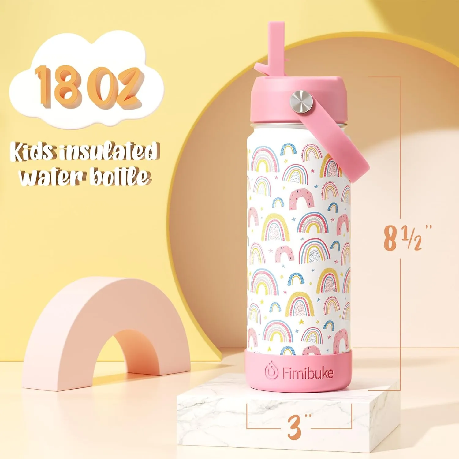 Fimibuke Kids Insulated Water Bottle, 18oz BPA FREE 18/8 Stainless Steel Kid Cup with Straw Travel Tumbler Double Wall Vacuum Leak Proof Toddler Water Bottle for School Boy Girl(1 Pack,White Dinosaur)