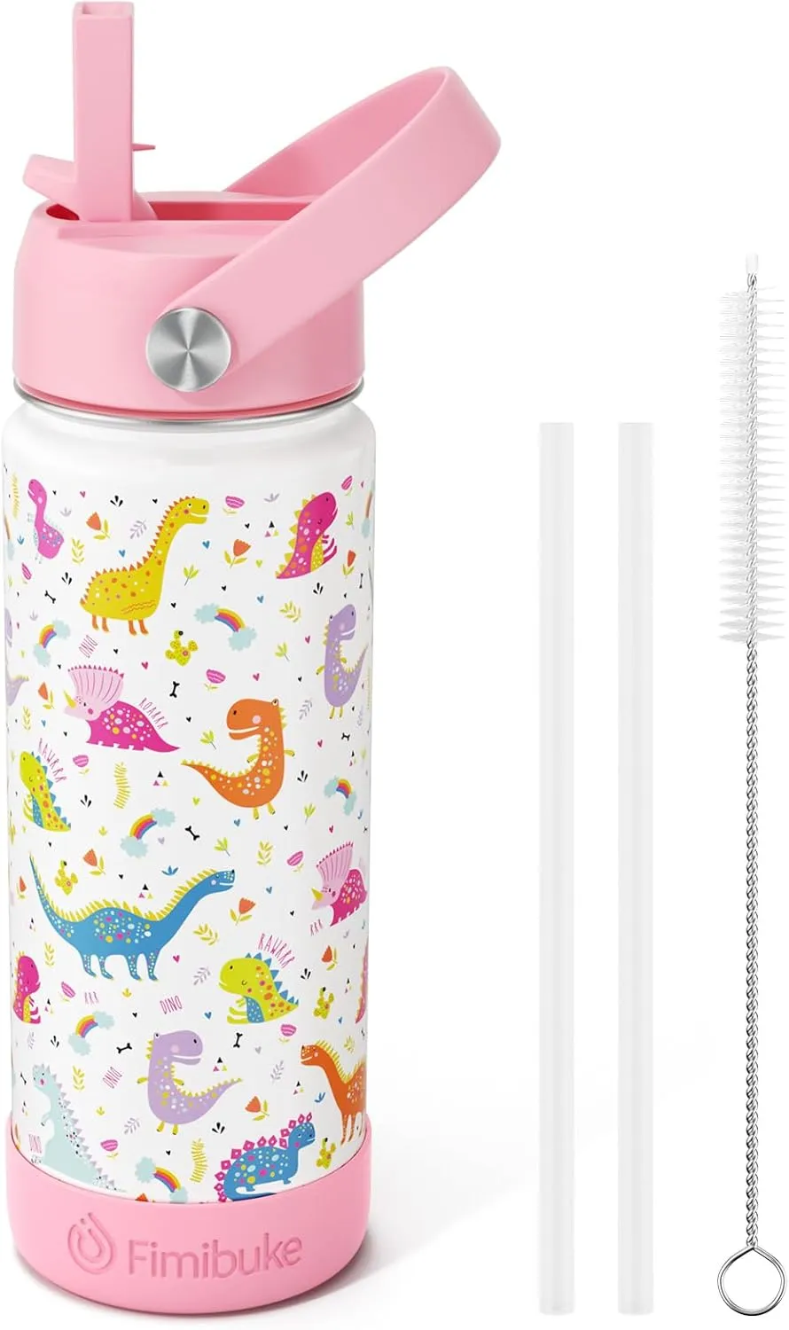 Fimibuke Kids Insulated Water Bottle, 18oz BPA FREE 18/8 Stainless Steel Kid Cup with Straw Travel Tumbler Double Wall Vacuum Leak Proof Toddler Water Bottle for School Boy Girl(1 Pack,White Dinosaur)