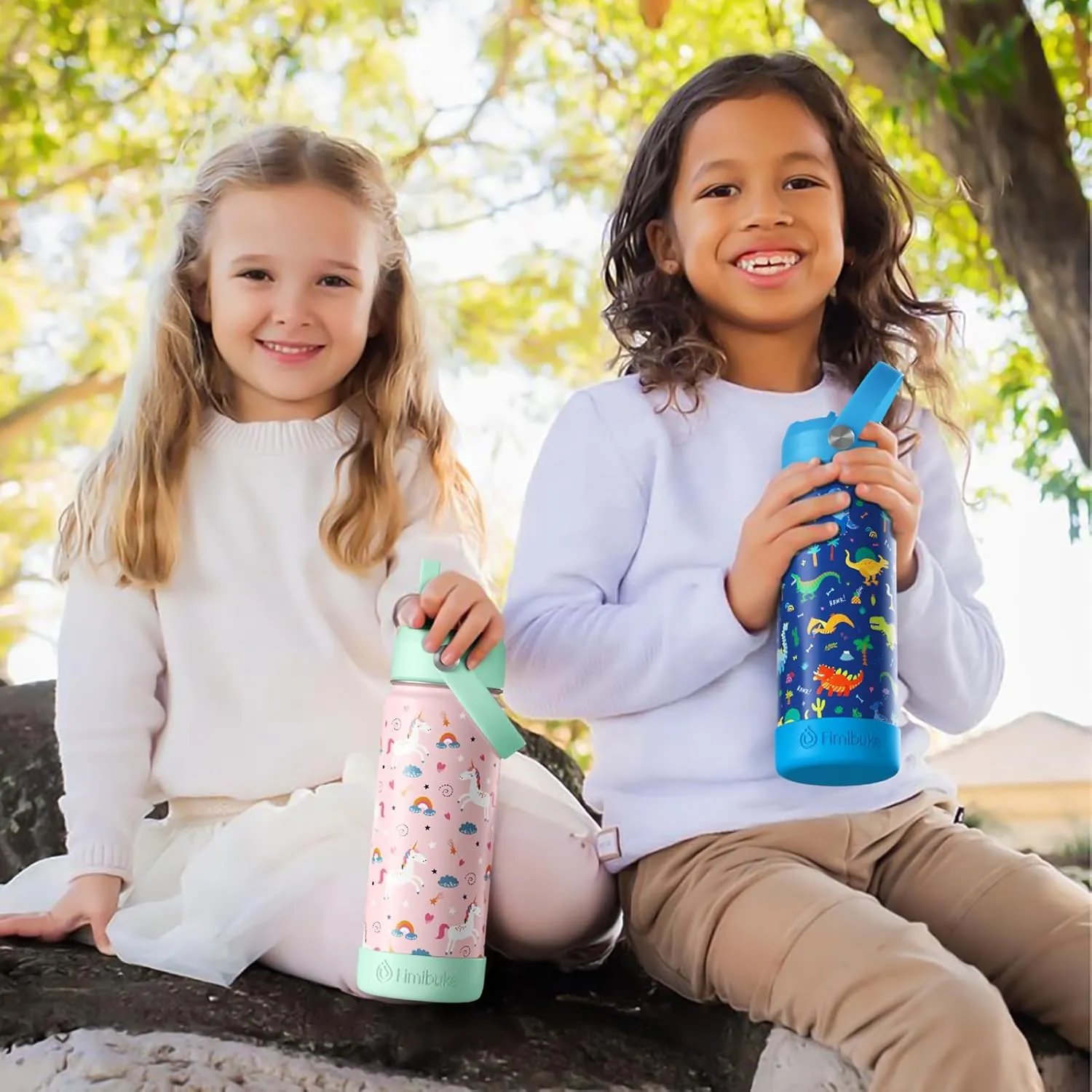 Fimibuke Kids Insulated Water Bottle, 18oz BPA FREE 18/8 Stainless Steel Kid Cup with Straw Travel Tumbler Double Wall Vacuum Leak Proof Toddler Water Bottle for School Boy Girl(1 Pack,White Dinosaur)