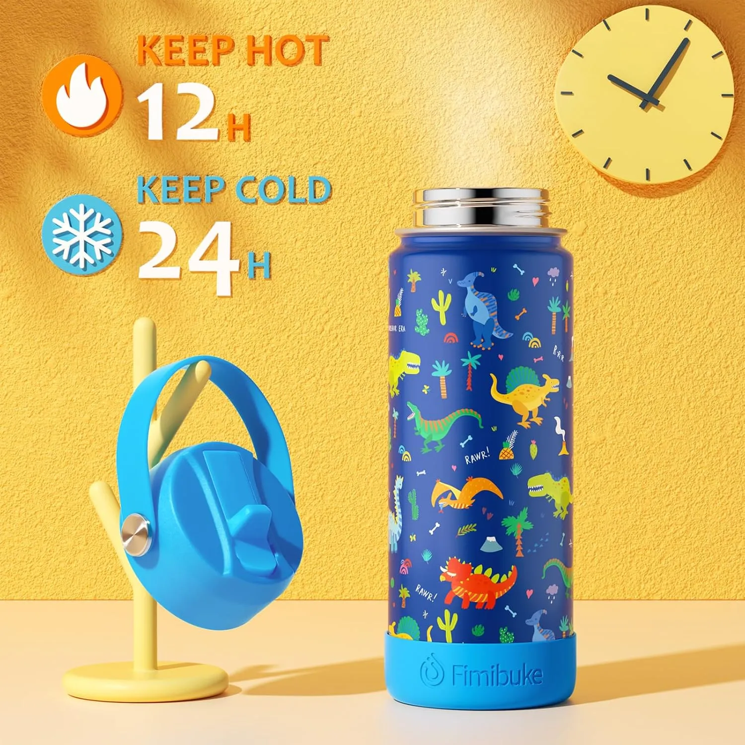 Fimibuke Kids Insulated Water Bottle, 18oz BPA FREE 18/8 Stainless Steel Kid Cup with Straw Travel Tumbler Double Wall Vacuum Leak Proof Toddler Water Bottle for School Boy Girl(1 Pack,White Dinosaur)