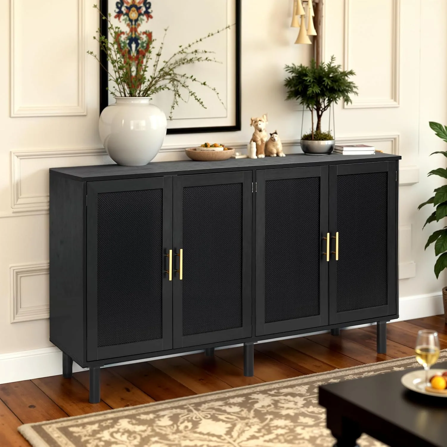 Finnhomy 4 Door Sideboard Buffet Cabinet, Kitchen Storage Buffet with Black Painted Rattan Decorated Doors, Cupboard Console Table, Boho Accent Liquor Cabinet, 62.3X 15.7X 34.6 Inches, Full Black