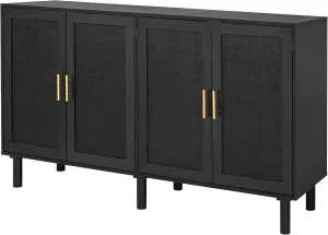 Finnhomy 4 Door Sideboard Buffet Cabinet, Kitchen Storage Buffet with Black Painted Rattan Decorated Doors, Cupboard Console Table, Boho Accent Liquor Cabinet, 62.3X 15.7X 34.6 Inches, Full Black