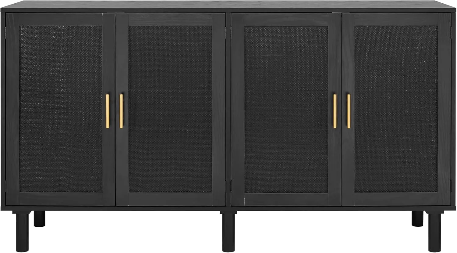 Finnhomy 4 Door Sideboard Buffet Cabinet, Kitchen Storage Buffet with Black Painted Rattan Decorated Doors, Cupboard Console Table, Boho Accent Liquor Cabinet, 62.3X 15.7X 34.6 Inches, Full Black