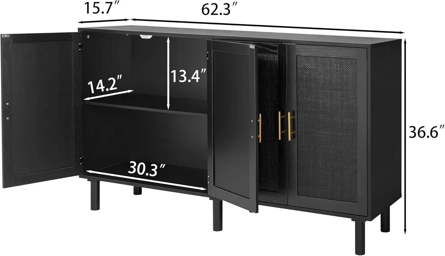 Finnhomy 4 Door Sideboard Buffet Cabinet, Kitchen Storage Buffet with Black Painted Rattan Decorated Doors, Cupboard Console Table, Boho Accent Liquor Cabinet, 62.3X 15.7X 34.6 Inches, Full Black