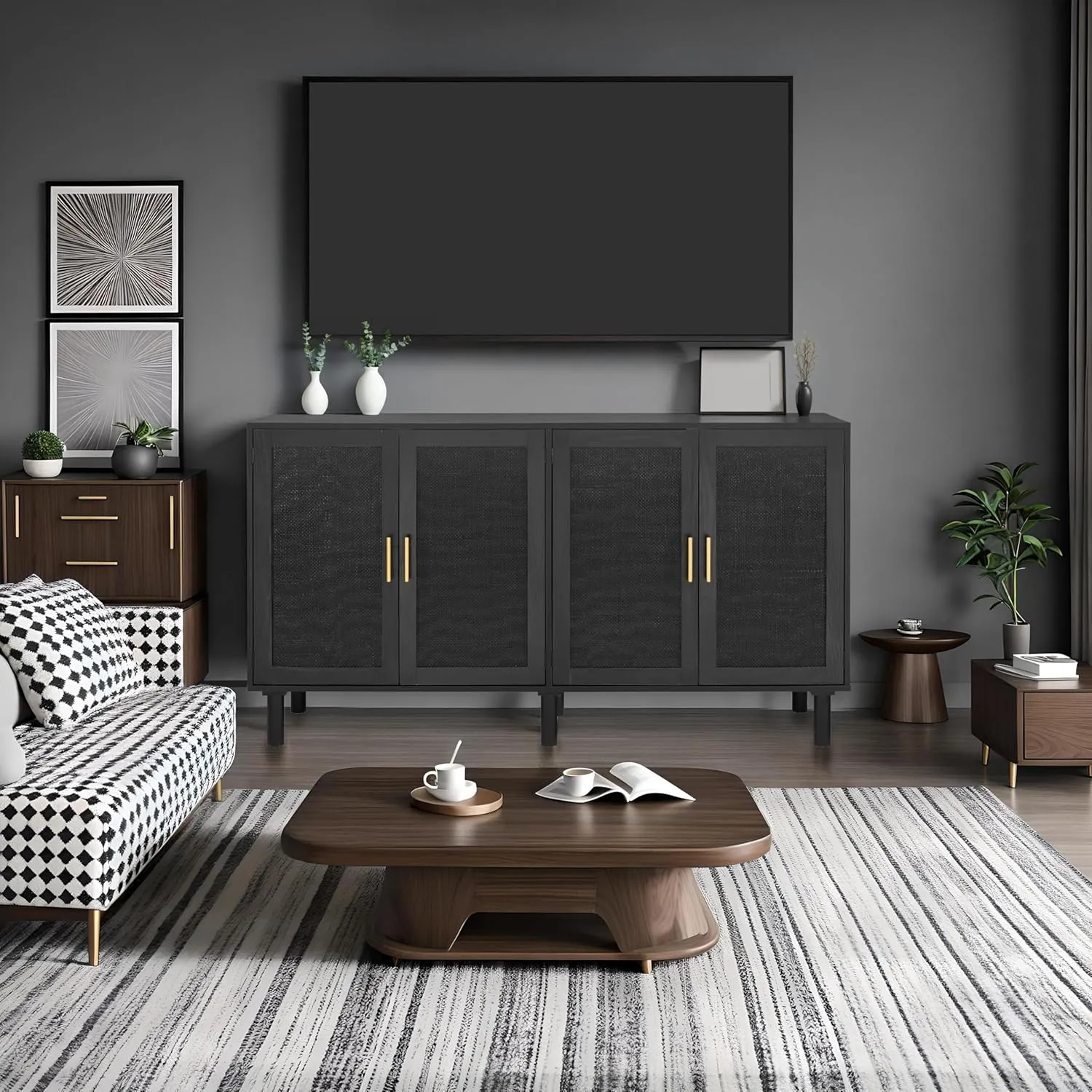 Finnhomy 4 Door Sideboard Buffet Cabinet, Kitchen Storage Buffet with Black Painted Rattan Decorated Doors, Cupboard Console Table, Boho Accent Liquor Cabinet, 62.3X 15.7X 34.6 Inches, Full Black