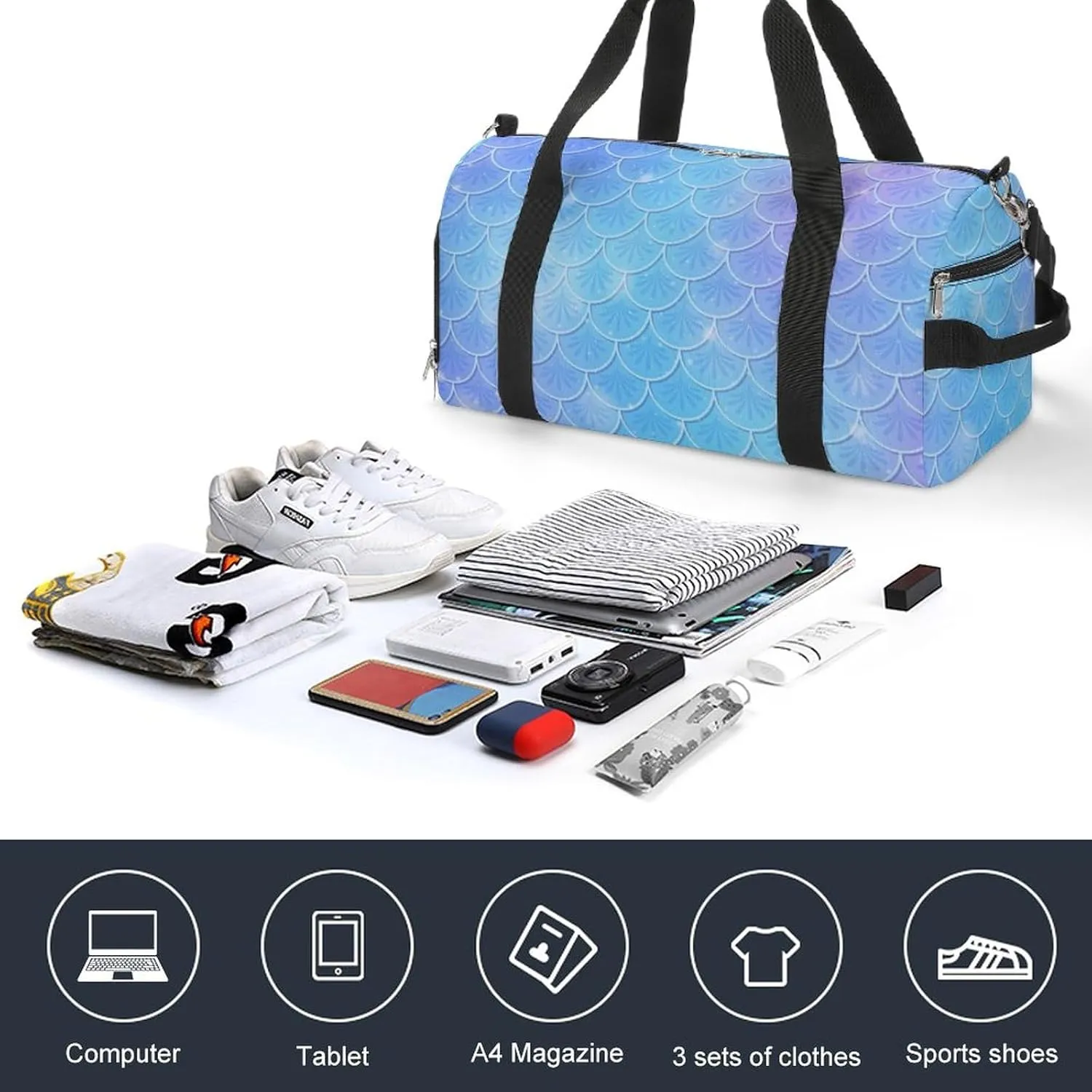 Fish Scale Pattern Sports Tote Gym Bag for Women Men, Overnight Bag with Shoe Compartment Water Resistant
