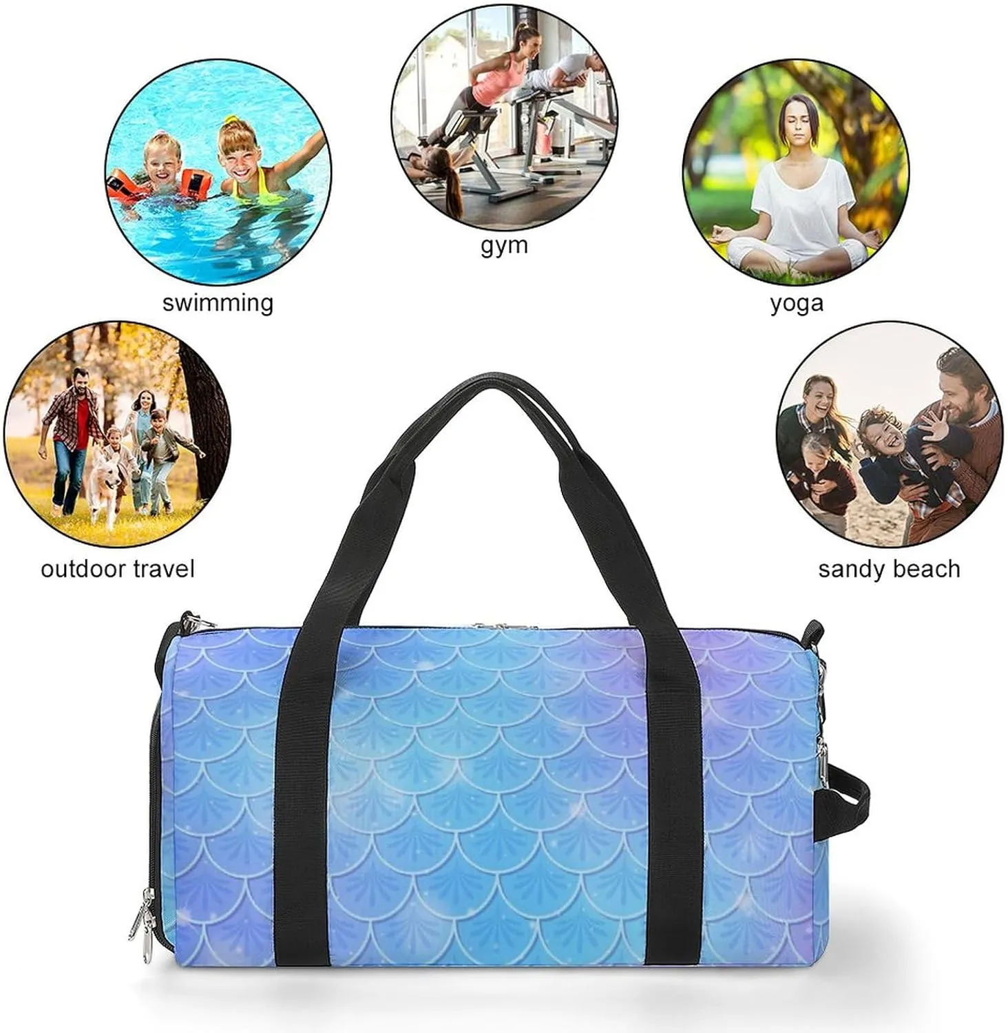 Fish Scale Pattern Sports Tote Gym Bag for Women Men, Overnight Bag with Shoe Compartment Water Resistant