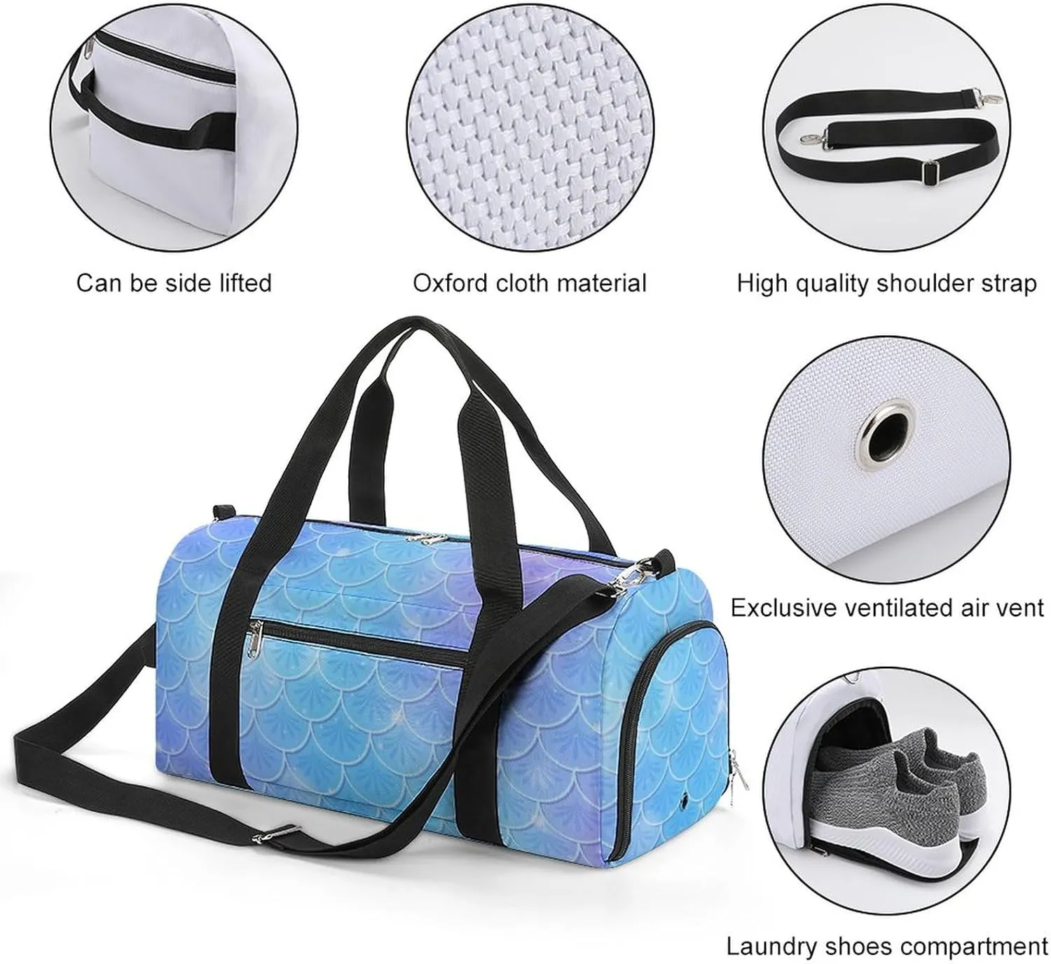 Fish Scale Pattern Sports Tote Gym Bag for Women Men, Overnight Bag with Shoe Compartment Water Resistant