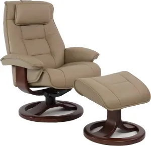 Fjords Mustang Small Leather Recliner Chair and Ottoman Norwegian Ergonomic Furniture Nordic Line Genuine Stone Leather Walnut Wood