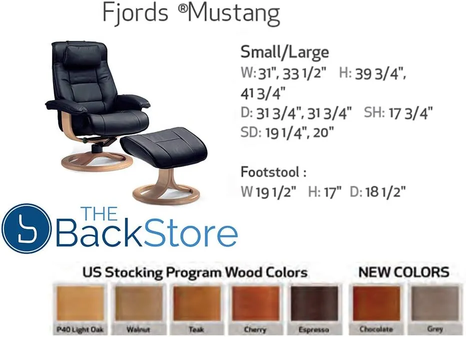 Fjords Mustang Small Leather Recliner Chair and Ottoman Norwegian Ergonomic Furniture Nordic Line Genuine Stone Leather Walnut Wood