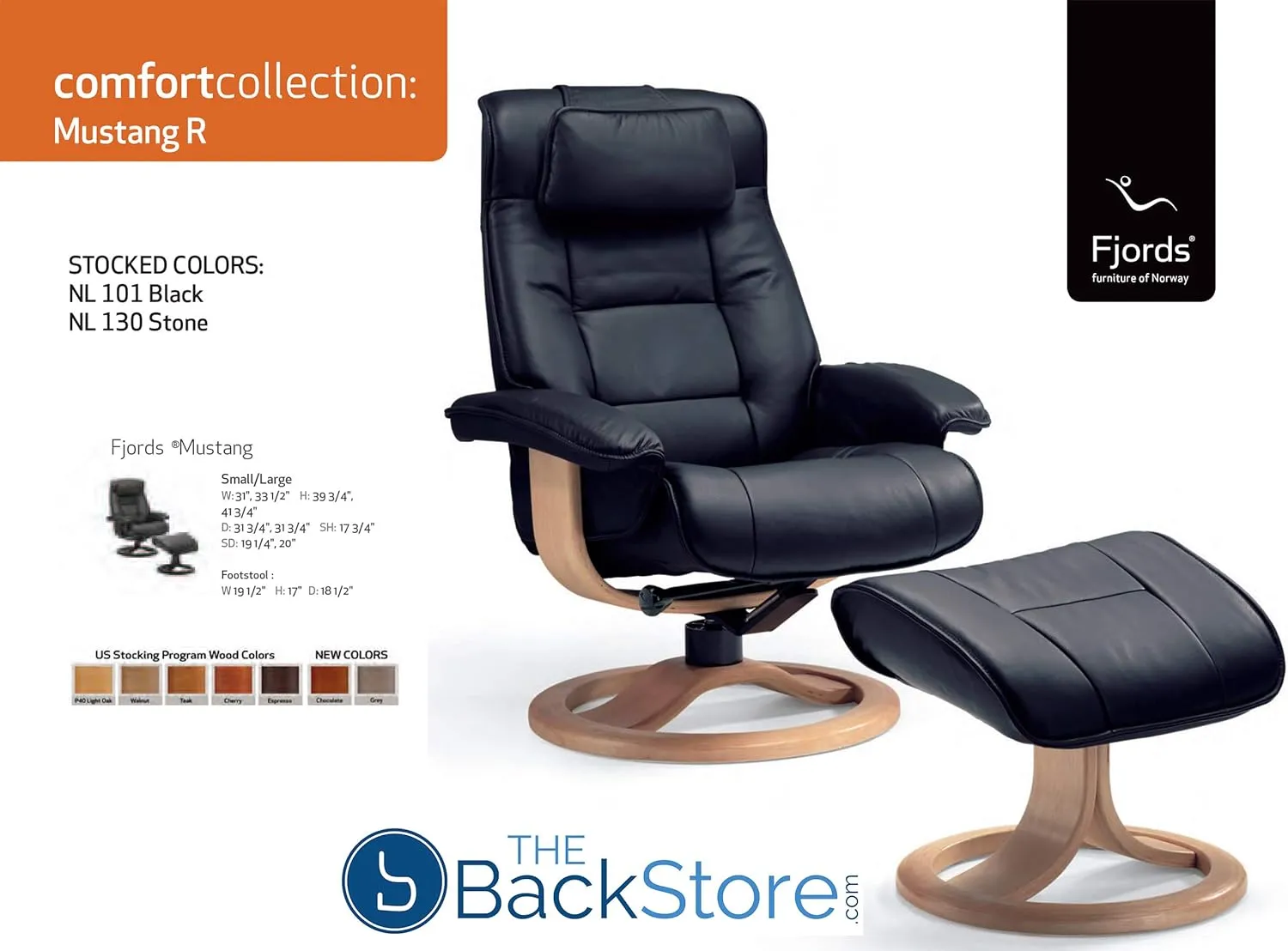 Fjords Mustang Small Leather Recliner Chair and Ottoman Norwegian Ergonomic Furniture Nordic Line Genuine Stone Leather Walnut Wood