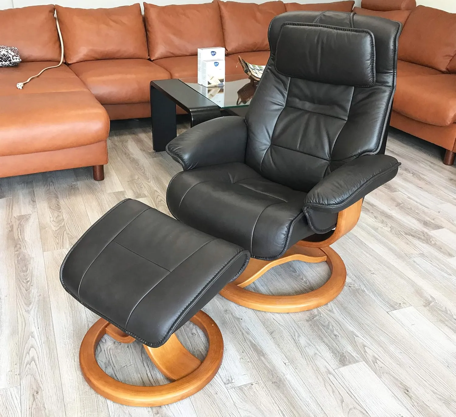 Fjords Mustang Small Leather Recliner Chair and Ottoman Norwegian Ergonomic Furniture Nordic Line Genuine Stone Leather Walnut Wood