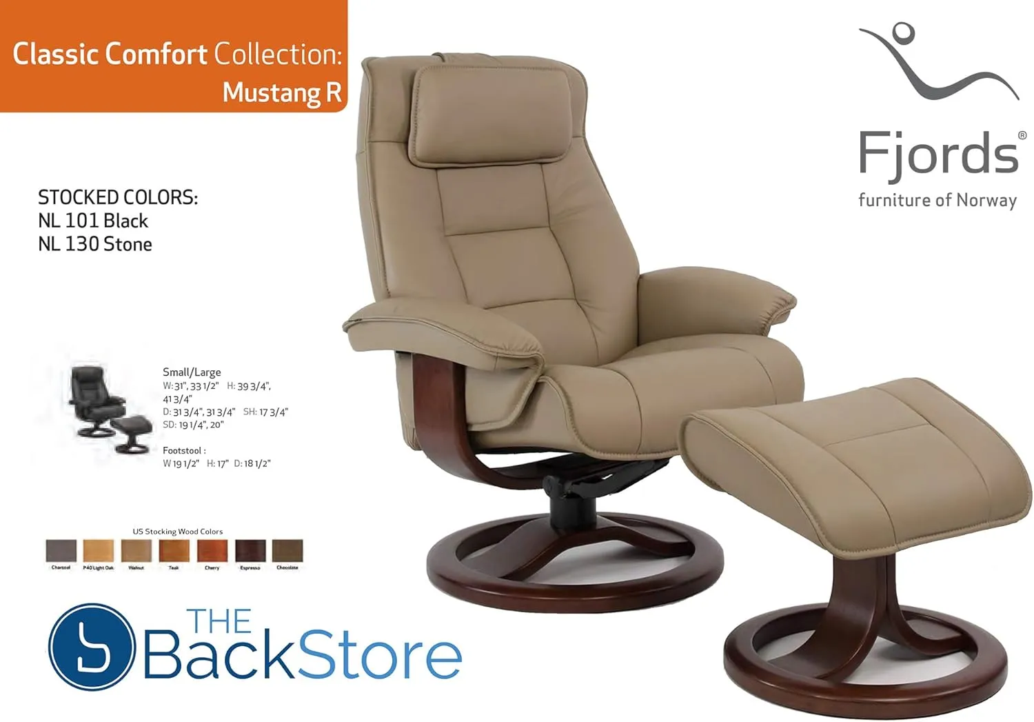 Fjords Mustang Small Leather Recliner Chair and Ottoman Norwegian Ergonomic Furniture Nordic Line Genuine Stone Leather Walnut Wood