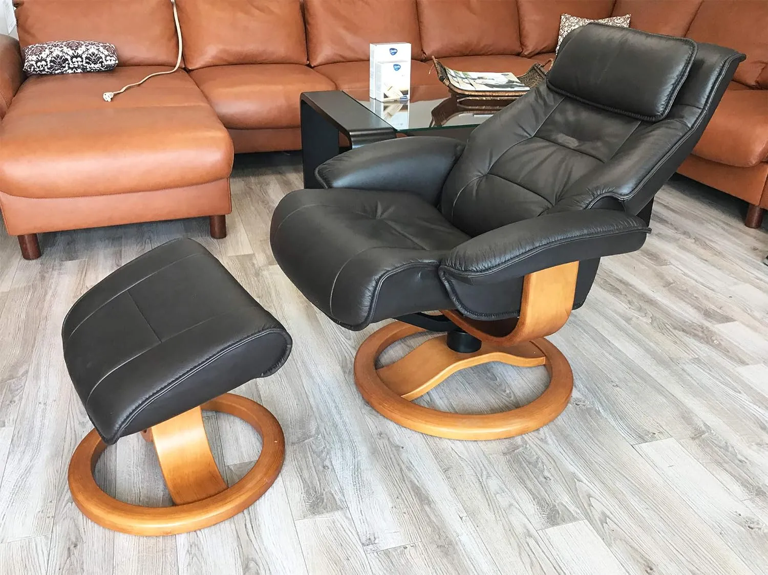 Fjords Mustang Small Leather Recliner Chair and Ottoman Norwegian Ergonomic Furniture Nordic Line Genuine Stone Leather Walnut Wood