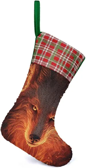 Flaming Wolf Christmas Stockings Sequins Hanging Stocking Treat Stocking Gift Bag for Holiday Xmas Tree Party Green-Style