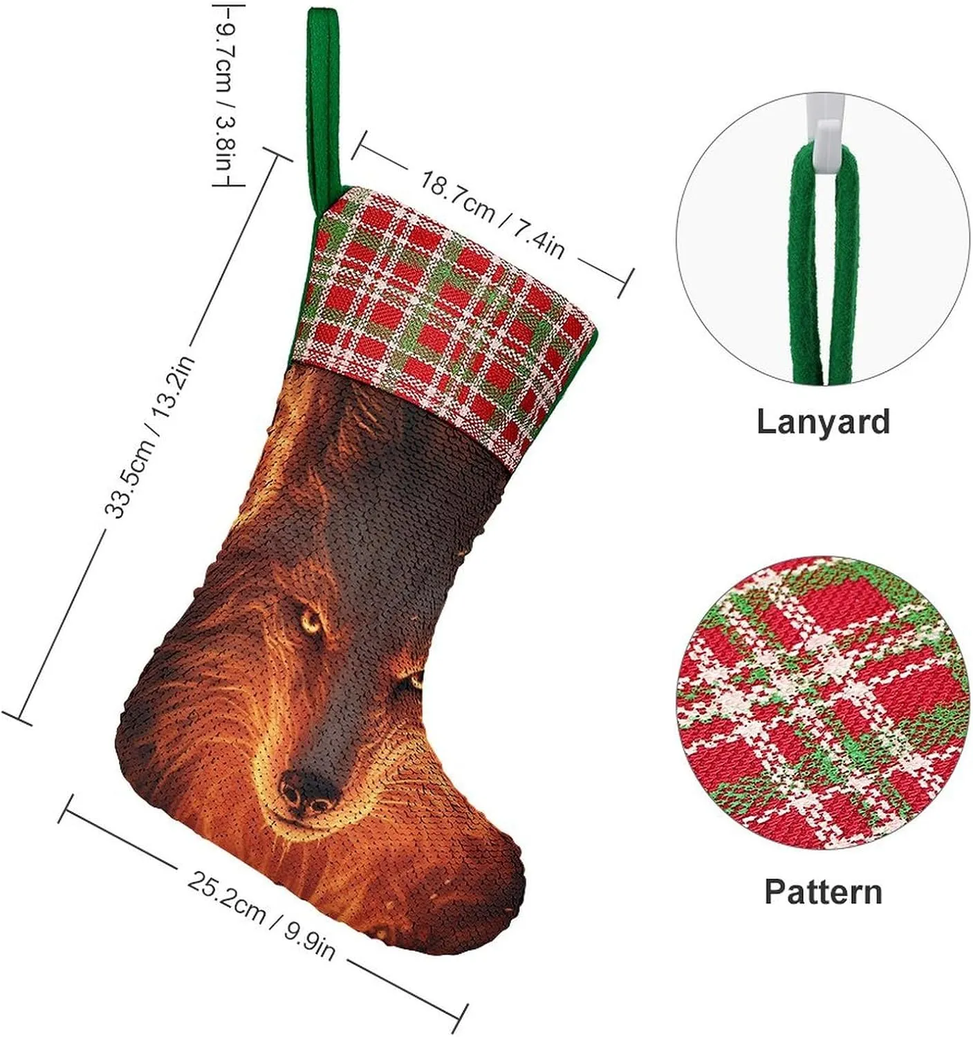 Flaming Wolf Christmas Stockings Sequins Hanging Stocking Treat Stocking Gift Bag for Holiday Xmas Tree Party Green-Style