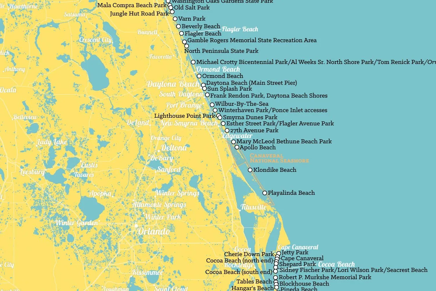 Florida Beaches Checklist Map 24x36 Poster (Marigold & Turquoise)
