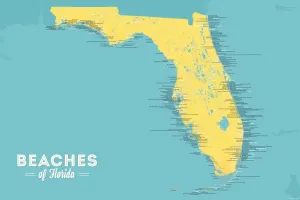Florida Beaches Checklist Map 24x36 Poster (Marigold & Turquoise)