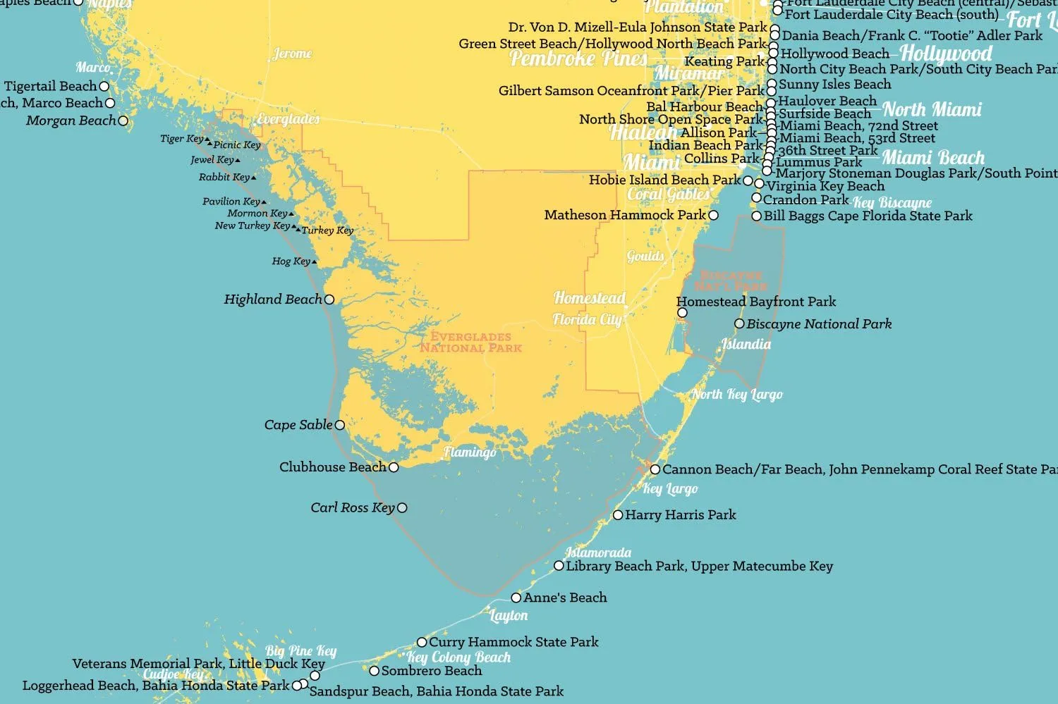 Florida Beaches Checklist Map 24x36 Poster (Marigold & Turquoise)