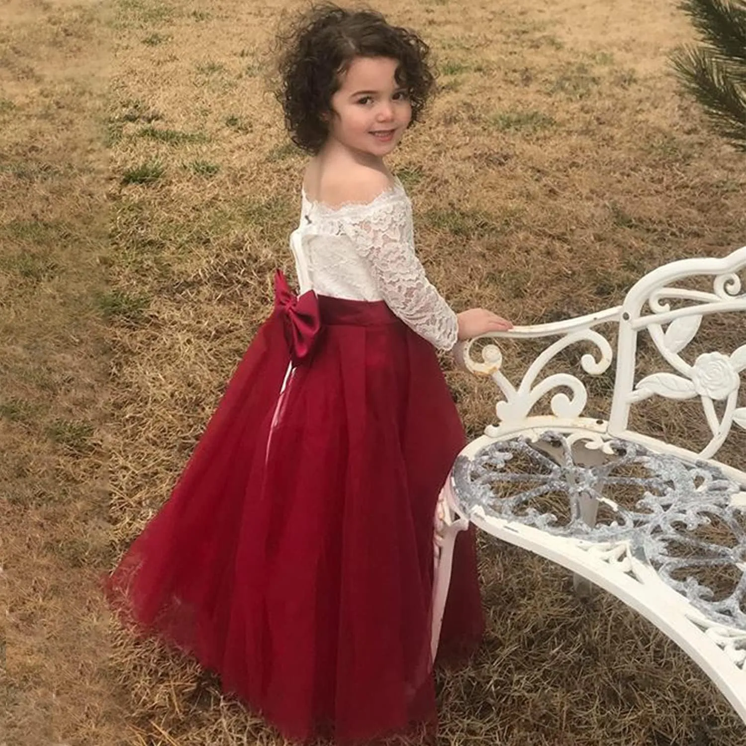 Flower Girl Dress Long Sleeve Kids Lace Pageant Party Christmas Ball Gown First Communion Dresses
