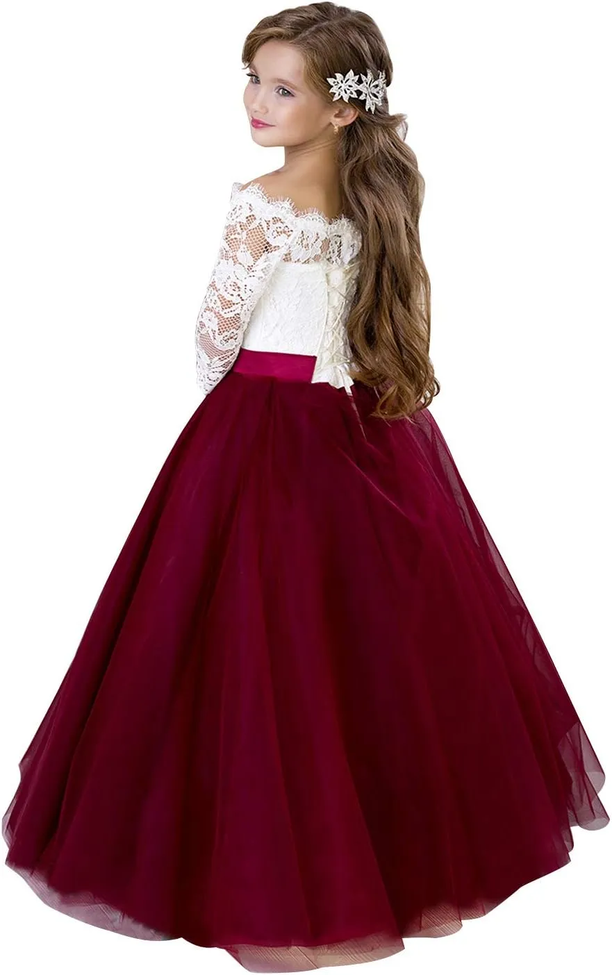Flower Girl Dress Long Sleeve Kids Lace Pageant Party Christmas Ball Gown First Communion Dresses