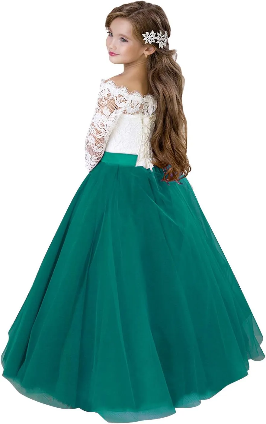 Flower Girl Dress Long Sleeve Kids Lace Pageant Party Christmas Ball Gown First Communion Dresses