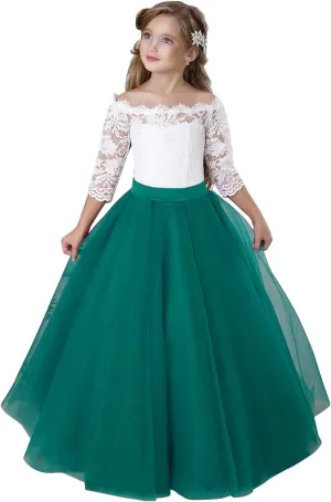Flower Girl Dress Long Sleeve Kids Lace Pageant Party Christmas Ball Gown First Communion Dresses