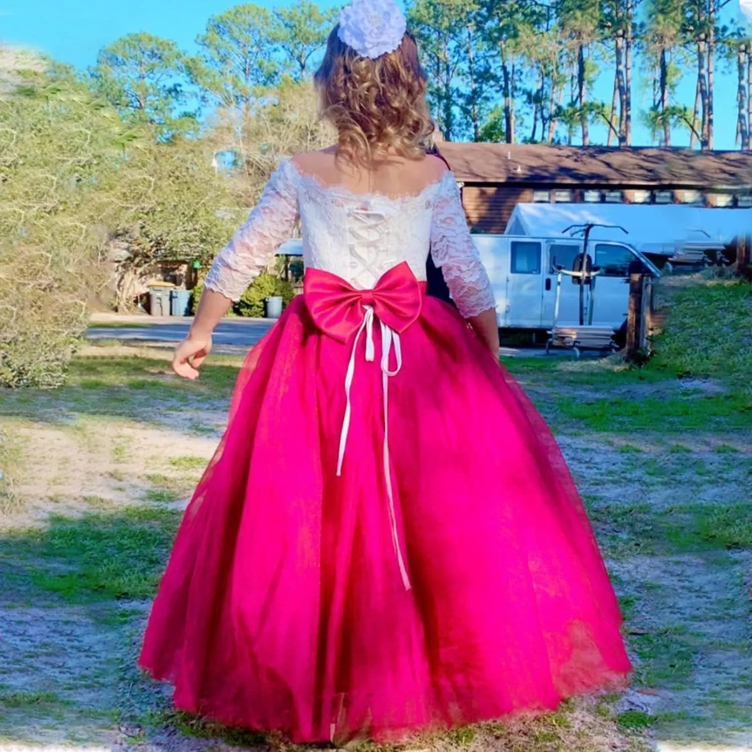Flower Girl Dress Long Sleeve Kids Lace Pageant Party Christmas Ball Gown First Communion Dresses
