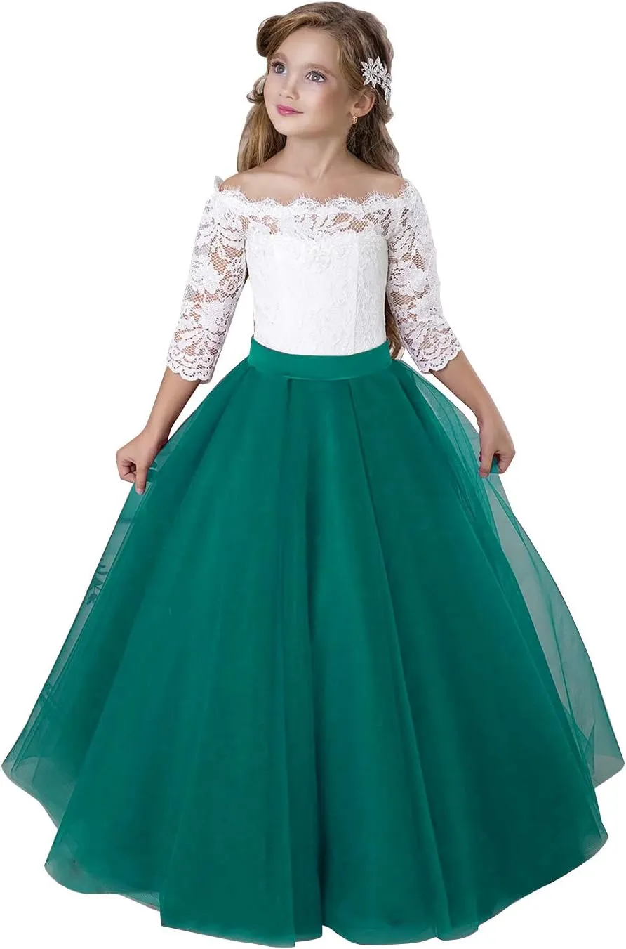Flower Girl Dress Long Sleeve Kids Lace Pageant Party Christmas Ball Gown First Communion Dresses