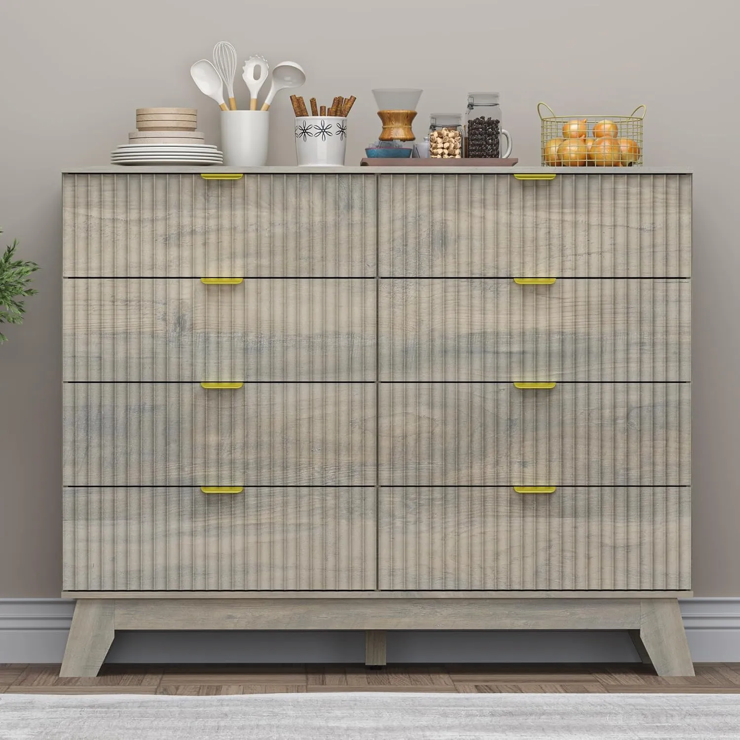 Fluted 8 Drawer Tall Dresser, 47.2" Wide Modern Boho Chest of Drawers, Wooden Storage Dresser TV Stand for Bedroom, Living Room, Closet, Hallway, Curved Profile Design